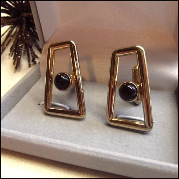 1950s Speidel Signed Red Glass Gold Geometric Vintage Cufflinks 14732 - Picture 4 of 6